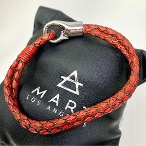 MARZ Men’s Double braided red leather bracelet with polished silver tone clasp